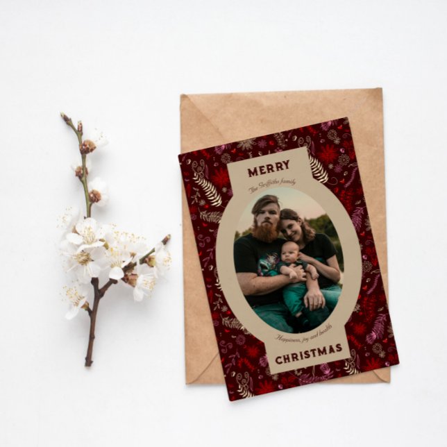 Family photo in maroon floral doodle holiday card (Creator Uploaded)