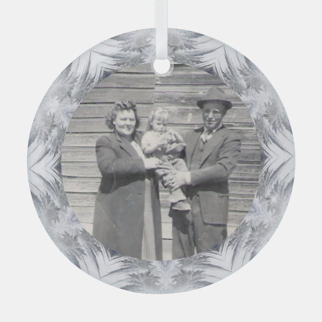 Family Photo Kaleidoscope Snowflake Border Glass Tree Decoration (Front)