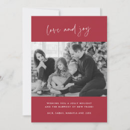 Family Photo Love and Joy Red Plaid Christmas Card
