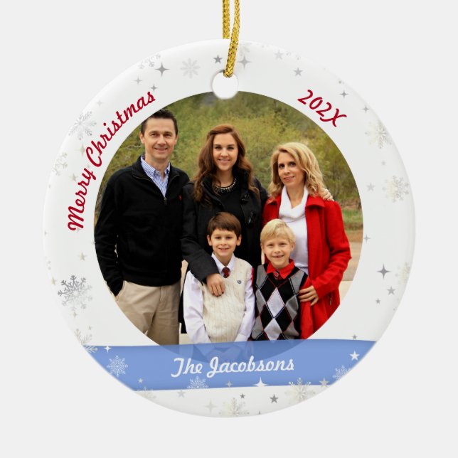 Family Photo Love Godmother Modern Snowflakes Xmas Ceramic Ornament (Front)