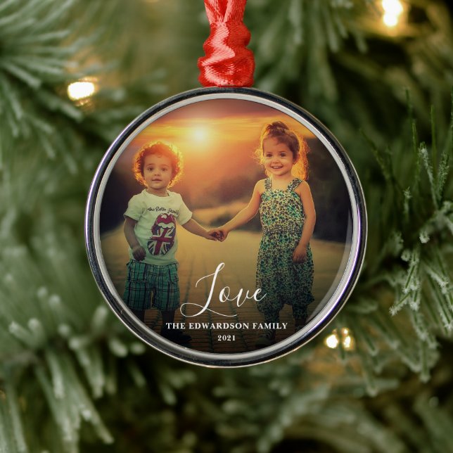 Family photo Love script family name christmas Metal Ornament (Tree)