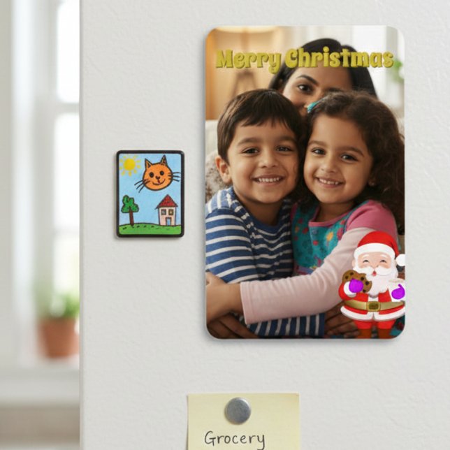 Family Photo Magnet With Cartoon Santa (Gorgeous flexible photo card for Mom & Dad, Grandparents or even friends.  )
