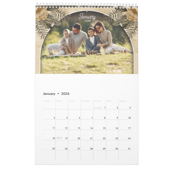 Family Photo Memory Elegant Boho Graphic Calendar (Jan 2026)