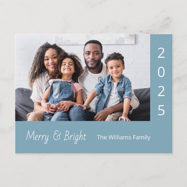Family Photo Merry and Bright Modern Christmas  Holiday Postcard (Front)