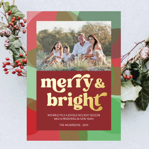 Family Photo Merry Bright Colourful Red Retro  Foil Holiday Card