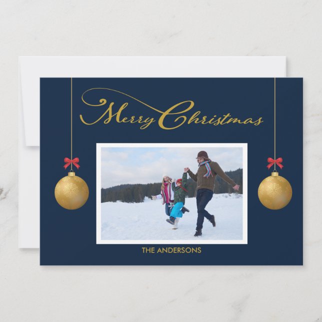 Family Photo Merry Christmas Calligraphy Blue Holiday Card (Front)