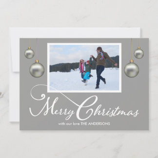 Family Photo Merry Christmas Calligraphy Grey Holiday Card