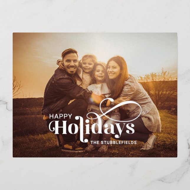 Family Photo Merry Christmas Calligraphy Silver Foil Holiday Postcard (Front)