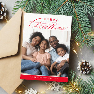 FAMILY PHOTO Merry Christmas cute calligraphy red Holiday Card