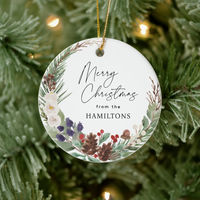 Family Photo Merry Christmas Foliage Wreath Ceramic Ornament (Tree)