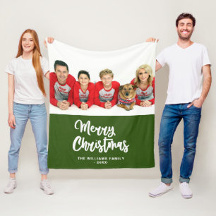 Family Photo Merry Christmas Forest Green White Fleece Blanket