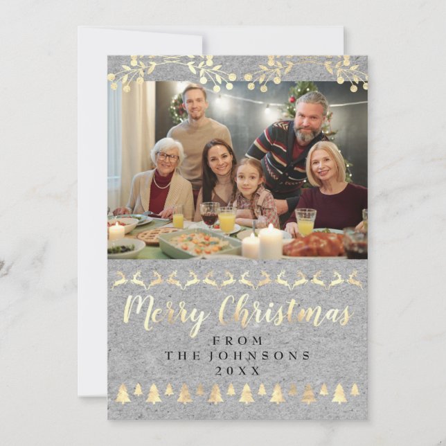 Family Photo Merry Christmas Gold Kraft Grey Holiday Card (Front)
