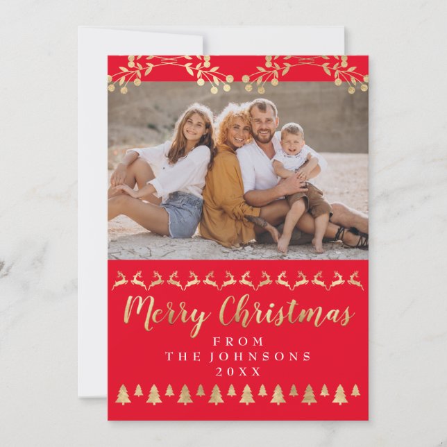Family Photo Merry Christmas Gold Red Classy Holiday Card (Front)