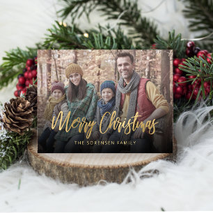 Family Photo Merry Christmas Gold Script Beige Hol Holiday Postcard