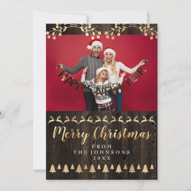 Family Photo Merry Christmas Golden Script Classy Holiday Card (Front)