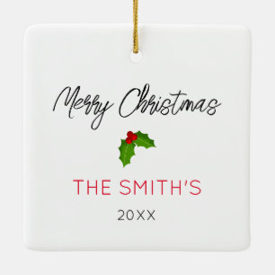 Family Photo Merry Christmas Name Year Festive Ceramic Ornament