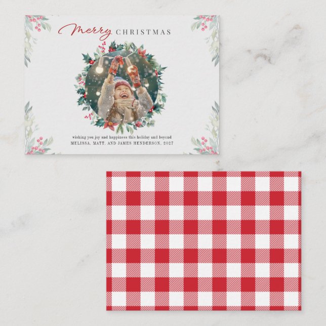 Family Photo Merry Christmas Red Berries Plaid Card (Front/Back)
