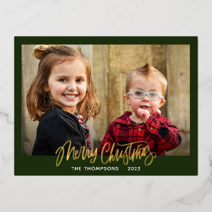 Family Photo Merry Christmas Script Gold Foil Holiday Postcard