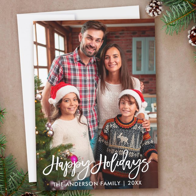 Family Photo Modern Brush Script Happy Holidays Holiday Card (Customize to add text to back of card.)