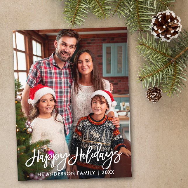 Family Photo Modern Brush Script Happy Holidays Postcard (Customize to change your personalized text size or text style.)