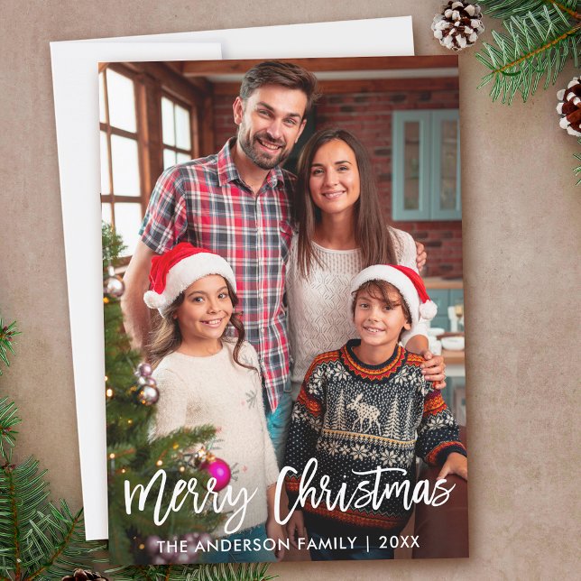 Family Photo Modern Brush Script Merry Christmas Holiday Card (Customize to add text to back of card.)