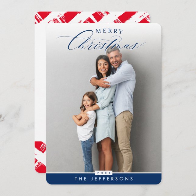 FAMILY PHOTO modern calligraphy overlay navy blue Holiday Card (Front/Back)