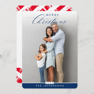 FAMILY PHOTO modern calligraphy overlay navy blue Holiday Card