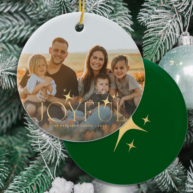 Family photo modern Christmas gold typography Ceramic Ornament (Creator Uploaded)