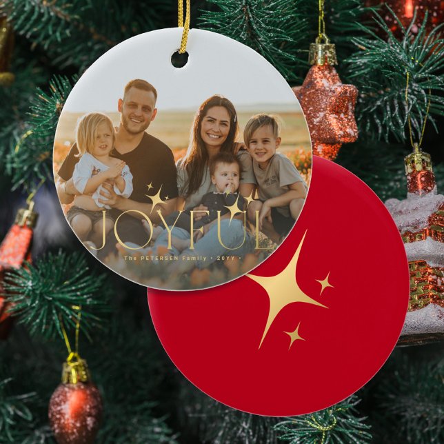 Family photo modern Christmas gold typography red Ceramic Ornament (Creator Uploaded)