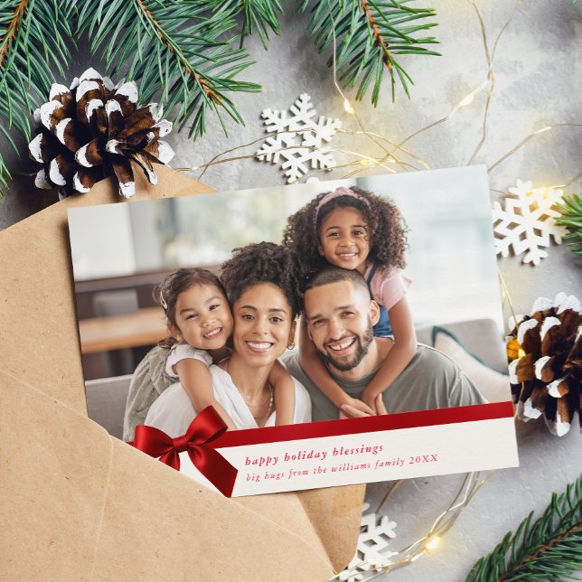 FAMILY PHOTO modern cute wrapped up red ribbon bow Holiday Card (Creator Uploaded)