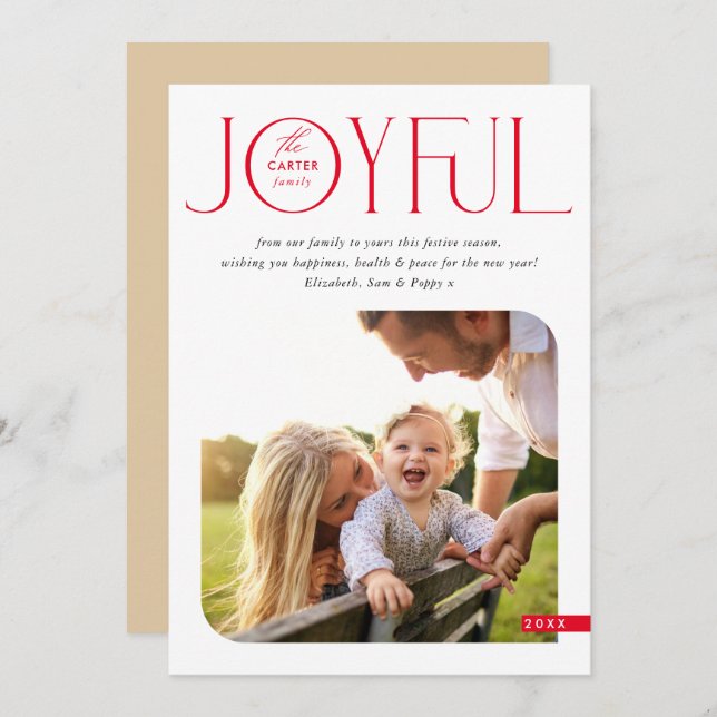 FAMILY PHOTO modern elegant typography JOYFUL red Holiday Card (Front/Back)