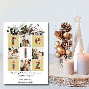 Family Photo, Modern, Floral, Portuguese Christmas Holiday Card