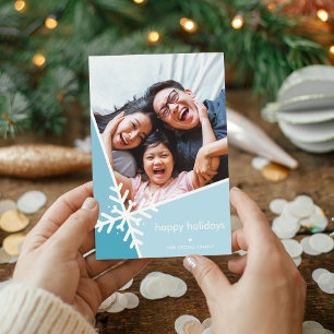 FAMILY PHOTO modern holiday snow flake blue Card
