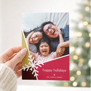 FAMILY PHOTO modern holiday snow flake red gold Card