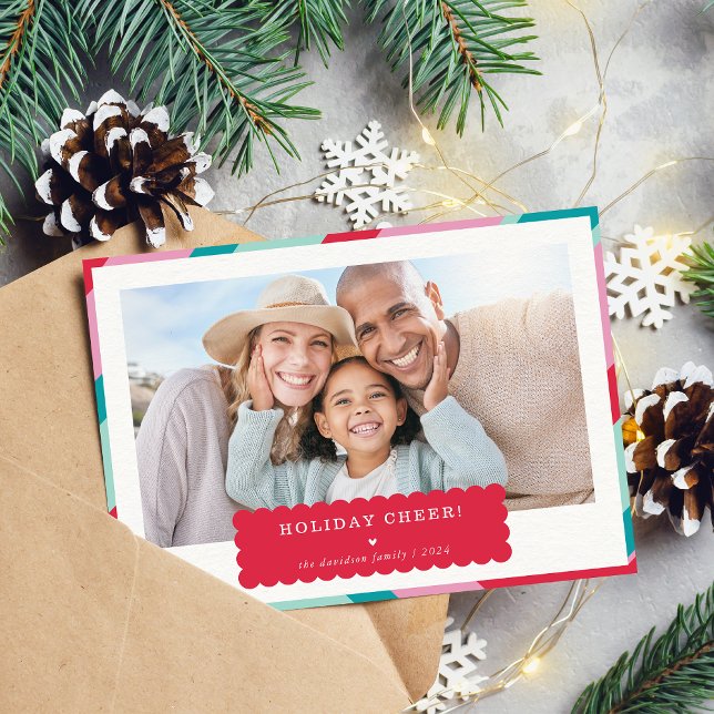FAMILY PHOTO modern minimal geometric red pink Holiday Card (Creator Uploaded)