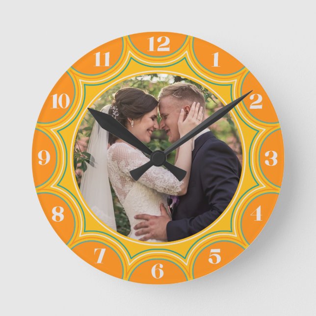 Family Photo Modern Orange Sunburst Personalised Round Clock (Front)