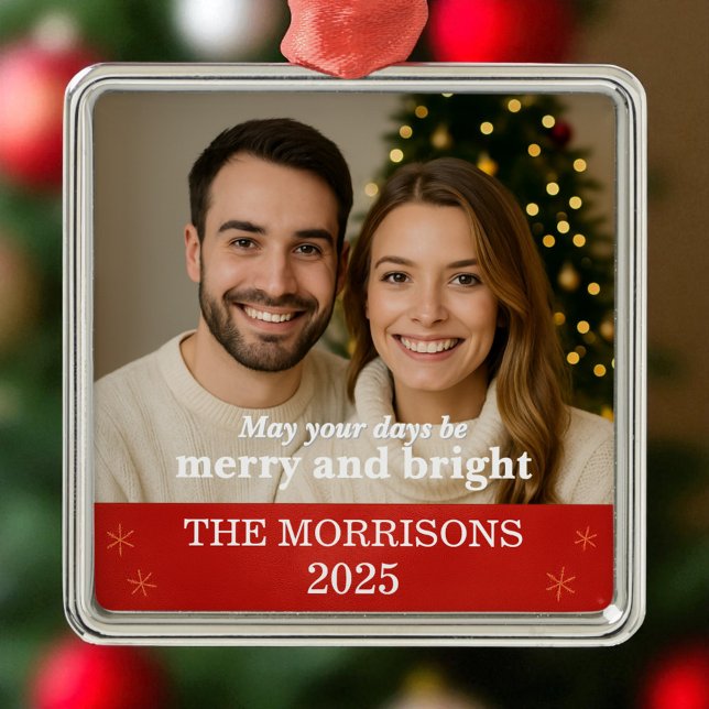  Family Photo Modern Red and Gold Snowflake Metal Ornament (Creator Uploaded)