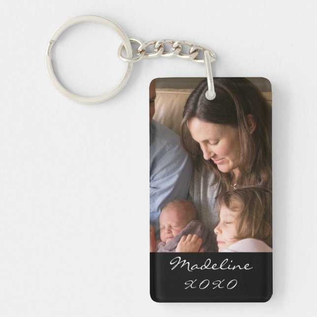 Family Photo Modern Script Monogram Name Black Key Ring (Front)