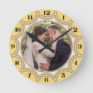 Family Photo Modern Yellow Sunburst Personalized Round Clock