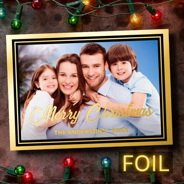 Family photo & name elegant script Merry Christmas Foil Holiday Card (Creator Uploaded)