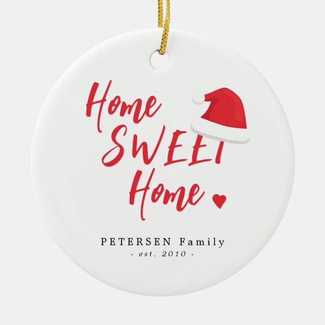 Family photo name home sweet home red Christmas Ceramic Ornament (Front)
