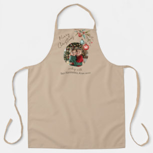 Family Photo Name Kids Beige Merry Christmas Apron
