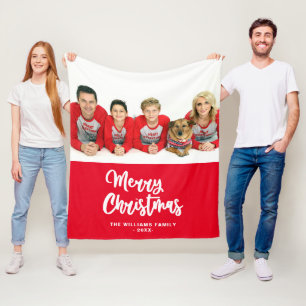Family Photo Name Merry Christmas Red And White Fleece Blanket