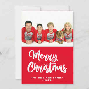 Family Photo Name Merry Christmas Red And White Holiday Card