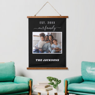 Family photo name script black white hanging tapestry
