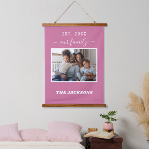 Family photo name script green dark pink hanging tapestry
