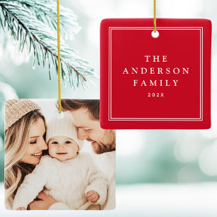 Family photo name year elegant border red ceramic ornament