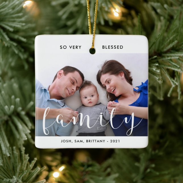 Family Photo, Names, So Blessed Christmas Tree Cer Ceramic Ornament (Tree)