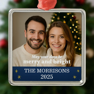 Family Photo Navy Blue and Gold Snowflake  Metal Ornament