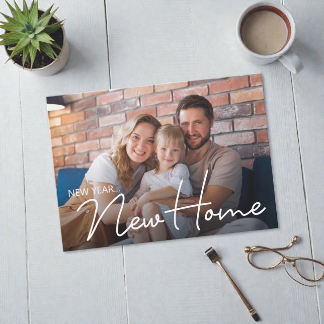 Family Photo New Address New Year New Home Moving Holiday Card (New Year New Home moving announcement photo family card.)